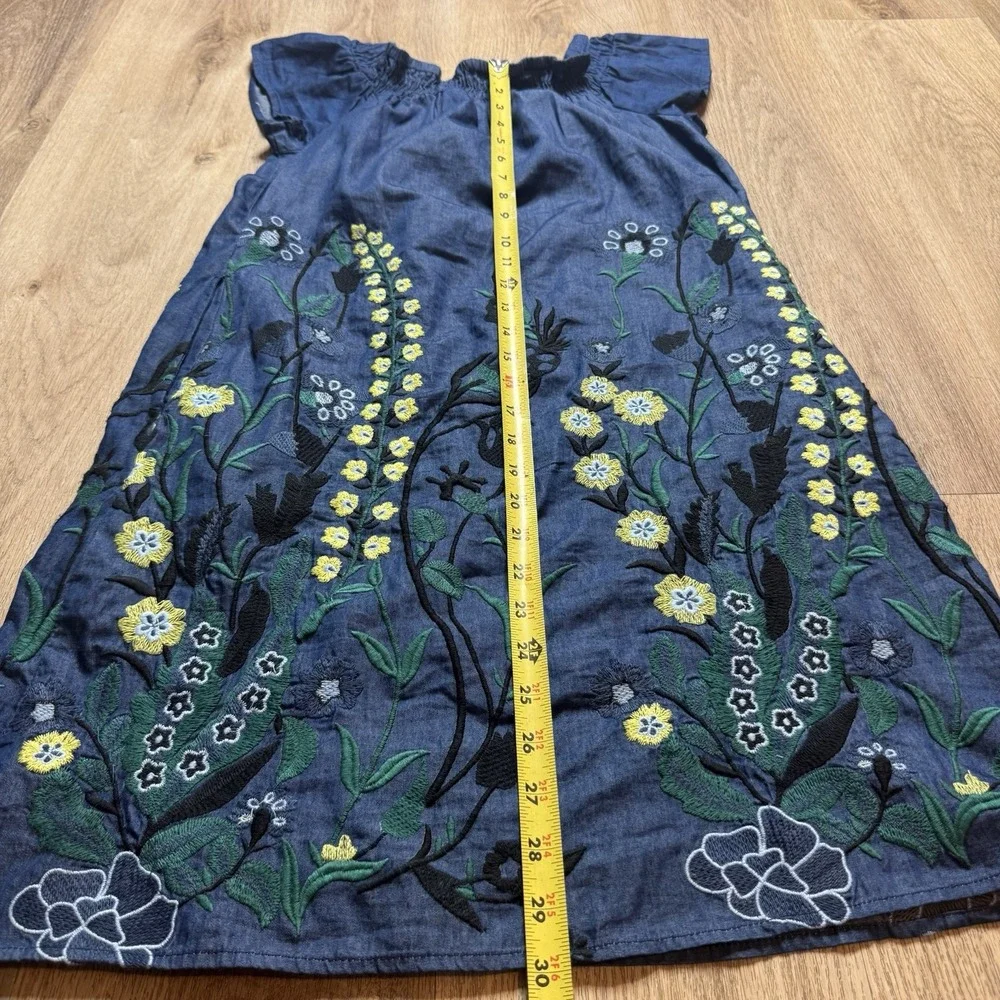 Allison‎ New York Off The Shoulder Denim Embroidered Floral Mini Dress XS